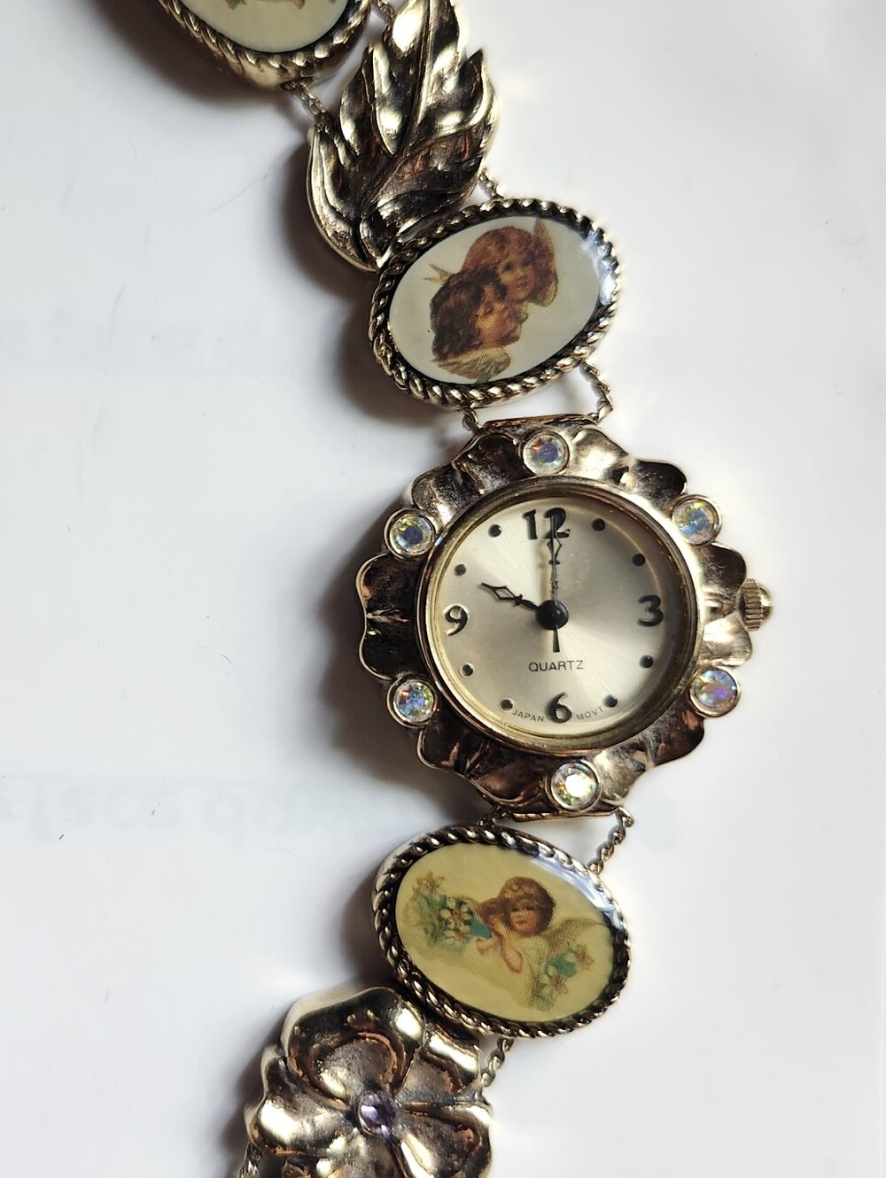 Vintage Gold Tone Floral Bracelet Watch with Cherub Medallions
